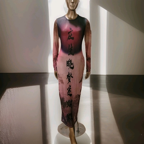 NWT Round Collar Oriental Text Print Mesh Bodycon Midi Dress Sz M - Picture 12 of 16